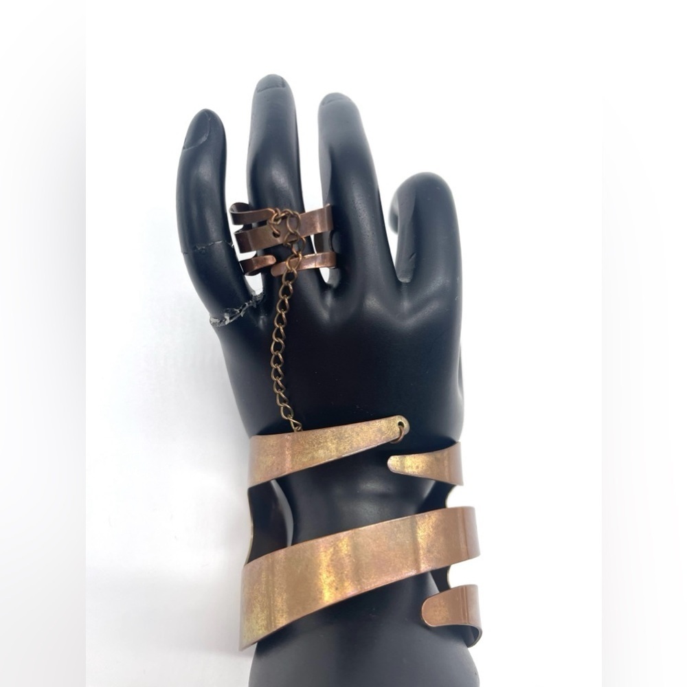 Brass coil Cuff Bracelet chain connected to Ring